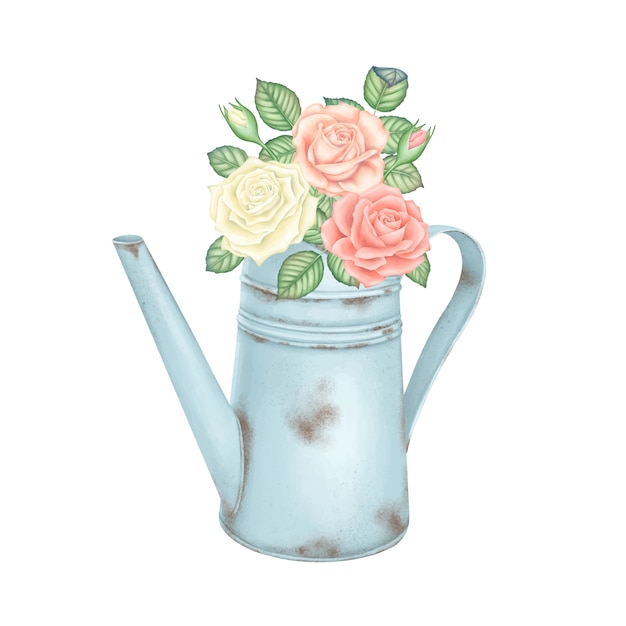 Arrosoir bleu clair vintage avec un bouquet de roses roses et blanches