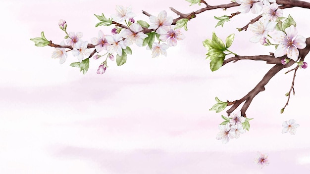 Vecteur art aquarelle de branche de fleur de cerisier et fleur de sakura rose sur fond de taches