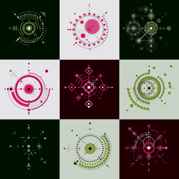 Art Bauhaus, ensemble de papiers peints vectoriels modulaires décoratifs réalisés à l'aide de cercles. Motif de style rétro, arrière-plans graphiques à utiliser comme modèles de couverture de livret. Illustration du système d'ingénierie.