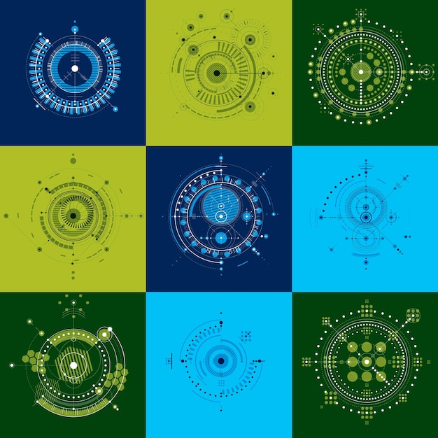 Art Bauhaus, ensemble de papiers peints vectoriels modulaires décoratifs réalisés à l'aide de cercles. Motif de style rétro, arrière-plans graphiques à utiliser comme modèles de couverture de livret. Illustration du système d'ingénierie.