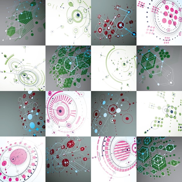 Art Bauhaus, ensemble de papiers peints vectoriels modulaires réalisés à l'aide de cercles et d'hexagones. Motif de style rétro, arrière-plans en perspective à utiliser comme modèles de couverture de livret. Illustration 3D du système d'ingénierie.