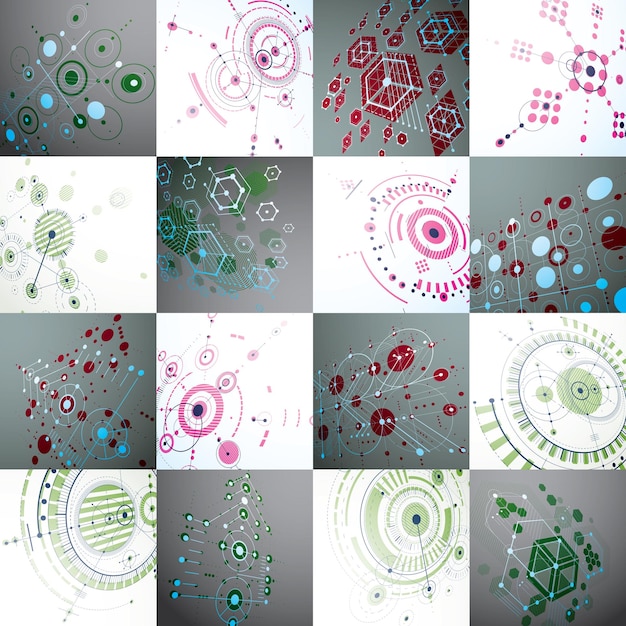 Art Bauhaus, ensemble de papiers peints vectoriels modulaires réalisés à l'aide de cercles et d'hexagones. Motif de style rétro, arrière-plans en perspective à utiliser comme modèles de couverture de livret. Illustration 3D du système d'ingénierie.