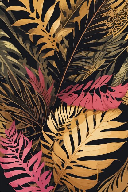 Vecteur art botanique doré avec des feuilles de monstera roses et dorées