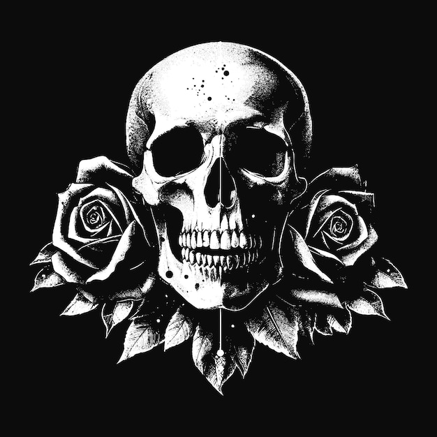 Art crâne sombre roses fleur mort horreur grunge illustration de tatouage vintage noir et blanc