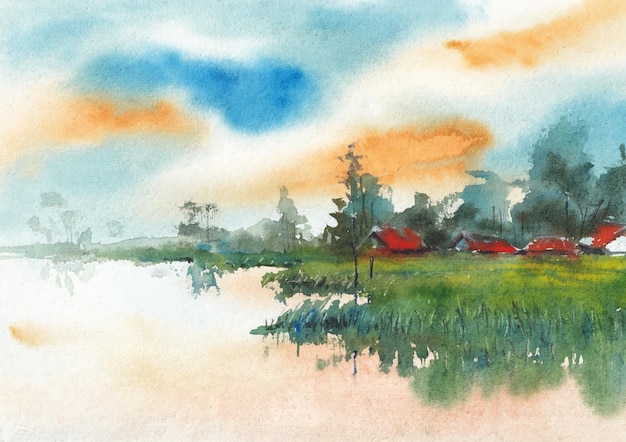 Art Et Design D'aquarelle De Côté De Village De Saison Des Pluies