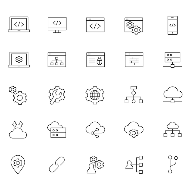 Art Développement Web Icons Vector Line HTML CSS JavaScript Codage Design SEO Analytics Icons Il est également possible de créer des icônes en ligne.