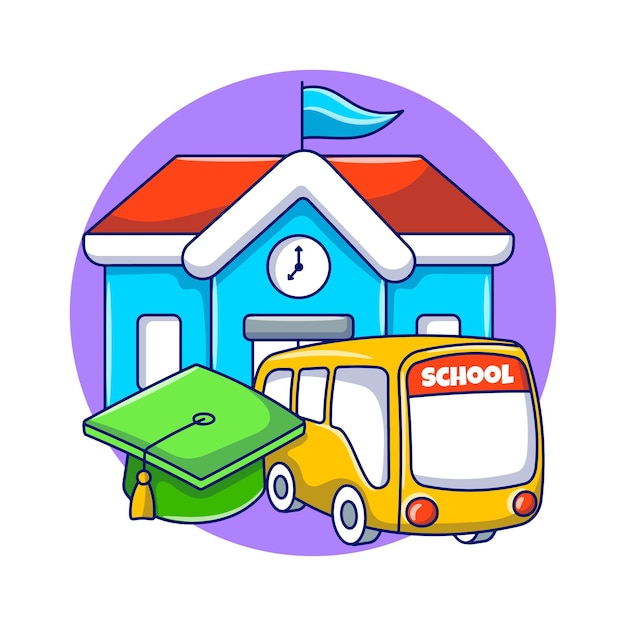 Art De Doodle De L'éducation Avec Illustration Dessinée à La Main D'un Autobus Scolaire Et D'un Chapeau De Graduation