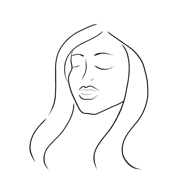 Vecteur art du visage féminin avec des cheveux longs conception minimaliste vectorielle dessinée à la main illustration de beauté et de mode