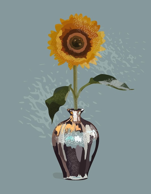 Art élégant et lumineux avec vase et beau tournesol. Affiche florale moderne.