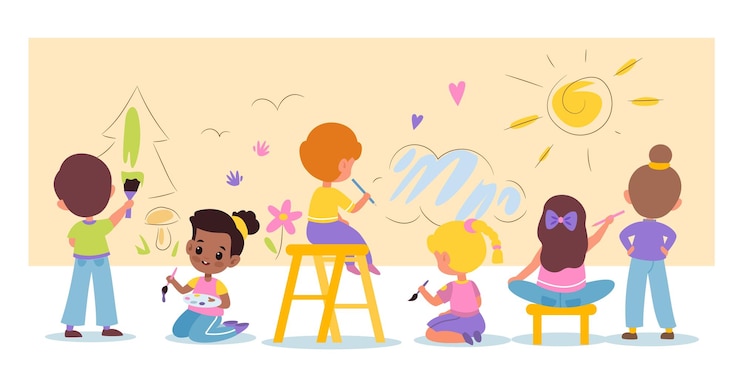 Vecteur art des enfants des enfants de dessins animés drôles dessinent des gribouillis sur une grande feuille de papier horizontale de jeunes artistes avec des peintures des crayons et des crayons dessinant sur le mur mignons garçons et filles exposition vecteur concept de dessin animé plat