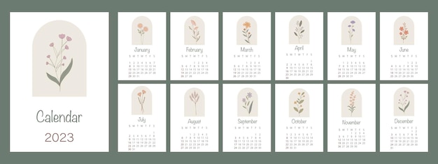 Vecteur art floral. la semaine commence le dimanche. un calendrier mural ou de table au style minimaliste.