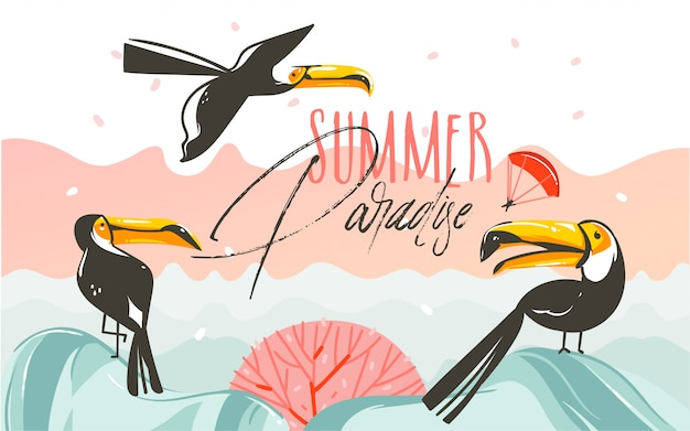 Art D'illustrations D'heure D'été Coon Dessinés à La Main Avec Scène De Coucher De Soleil Sur La Plage Et Oiseaux Toucan Tropicaux Avec Texte De Typographie Summer Parsdise Sur Fond Blanc