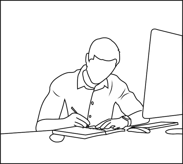 art de ligne continue d'un jeune homme d'affaires professionnel utilisant un téléphone portable, une tablette et un ordinateur