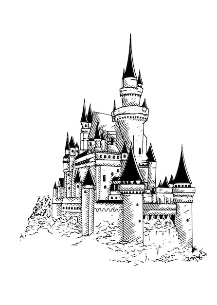 Vecteur l'art de la ligne du château fantastique à fond transparent noir et blanc