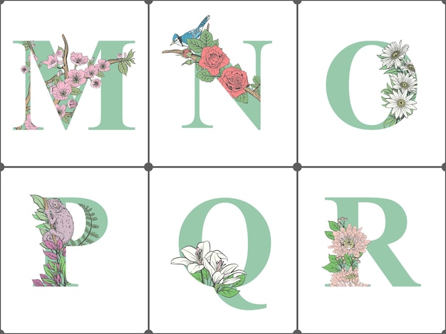 art de la ligne florale de l'alphabet isolé minimaliste