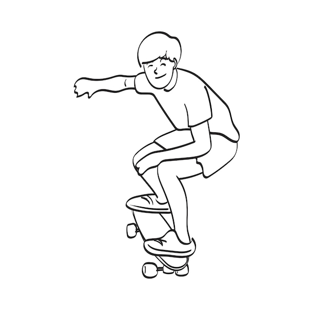 Vecteur art de ligne skateboarder masculin avec un sourire illustration vectorielle dessinée à la main isolée sur fond blanc