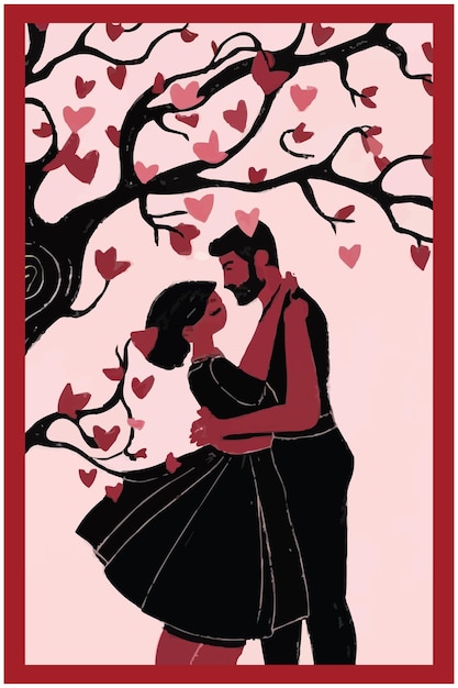 Vecteur art minimaliste d'un homme et d'une femme s'embrassant sous un arbre illustration vectorielle personnalisée