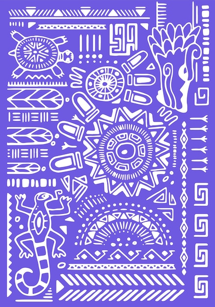 Art Mural Ornemental Aztèque Décoration Intérieure Ornement Ancien Avec Des Symboles Tribaux éléments Ethniques Sur L'affiche Dans Le Style Boho Impression De Motif Africain Sur Fond Violet Illustration Vectorielle Plate