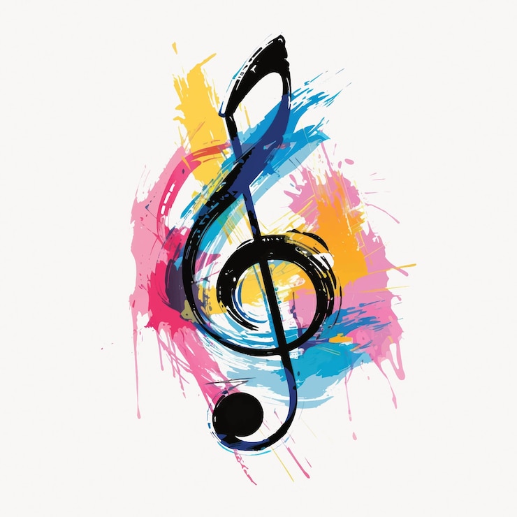 Vecteur art de la note musicale colorée avec des éclaboussures vibrantes note musicale en noir entourée