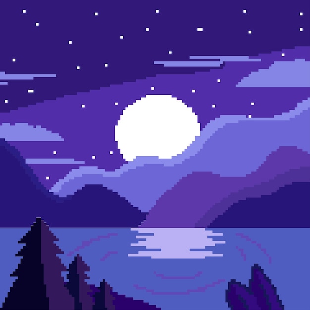 Vecteur art pixel vectoriel du paysage avec l'illustration de fond de la lune et de la rivière mode nuit