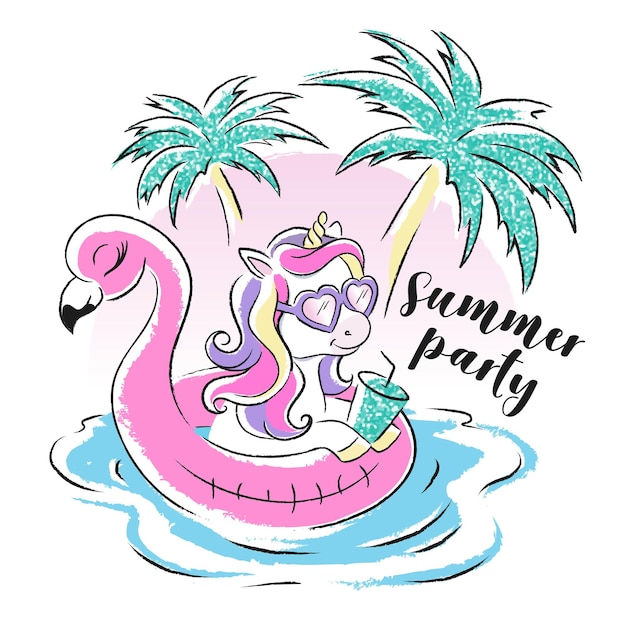 Art Pool party Licorne mignonne au bord de la piscine Illustration d'été pour les vêtements