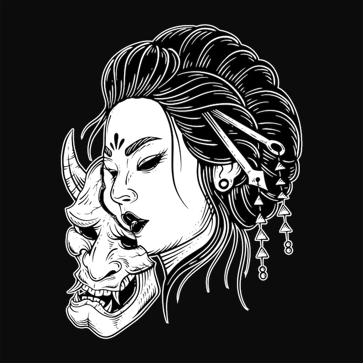 Vecteur art sombre fille japonaise rose geisha femme crâne masque tatouage illustration traditionnelle