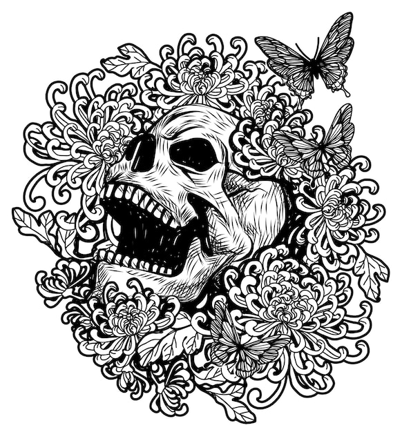 Art de tatouage de crâne avec des fleurs et des papillons dessin croquis noir et blanc