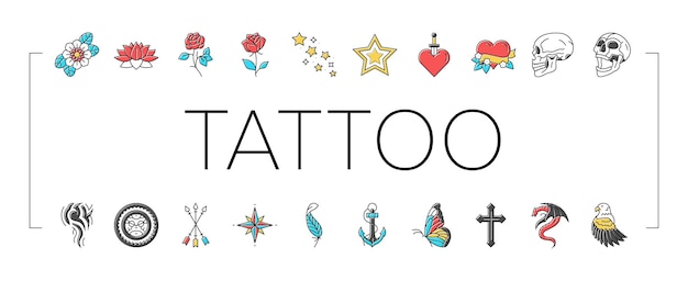 Art de tatouage rose icônes de style vintage set vector