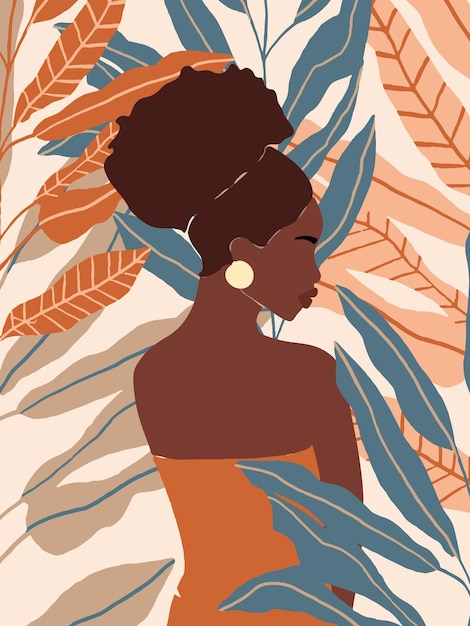 Art Tropical à La Mode Imprimé Illustration Vectorielle Dessinée à La Main Portrait D'une Belle Femme Africaine Boho
