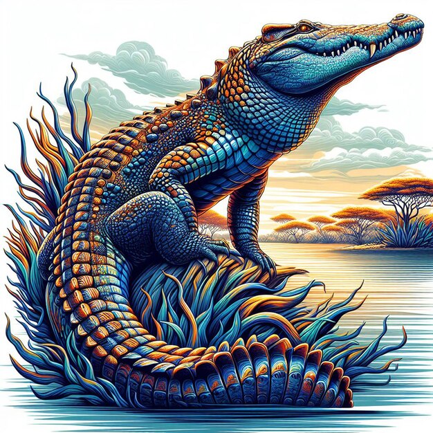 Vecteur art vectoriel hyperréaliste et coloré d'un crocodile reptile africain isolé sur un fond blanc