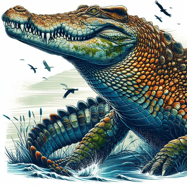 Vecteur art vectoriel hyperréaliste et coloré d'un crocodile reptile africain isolé sur un fond blanc