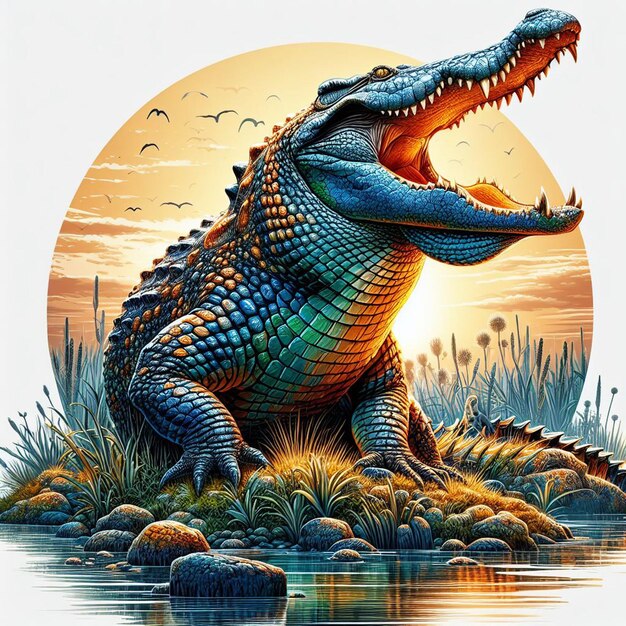 Vecteur art vectoriel hyperréaliste et coloré d'un crocodile reptile africain isolé sur un fond blanc