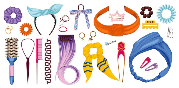 Articles de coiffeurs et outils de soins capillaires couleur sur fond blanc avec épingles goujons chouchous bandes de cheveux illustration vectorielle isolée