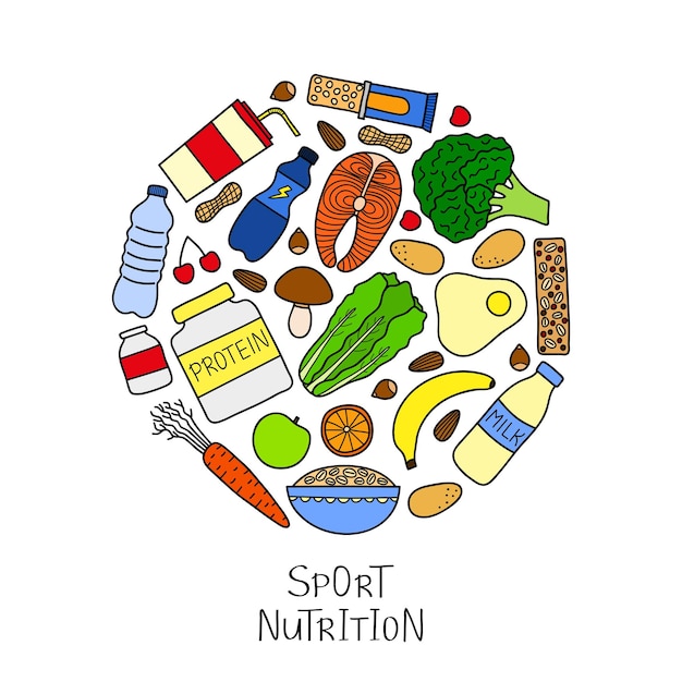 Articles De Nutrition Sportive Dessinés à La Main, Y Compris Des Protéines, Des Fruits, Des Noix, Des Légumes, Des Suppléments, Des Céréales Et Des Poissons Composés En Forme De Cercle.