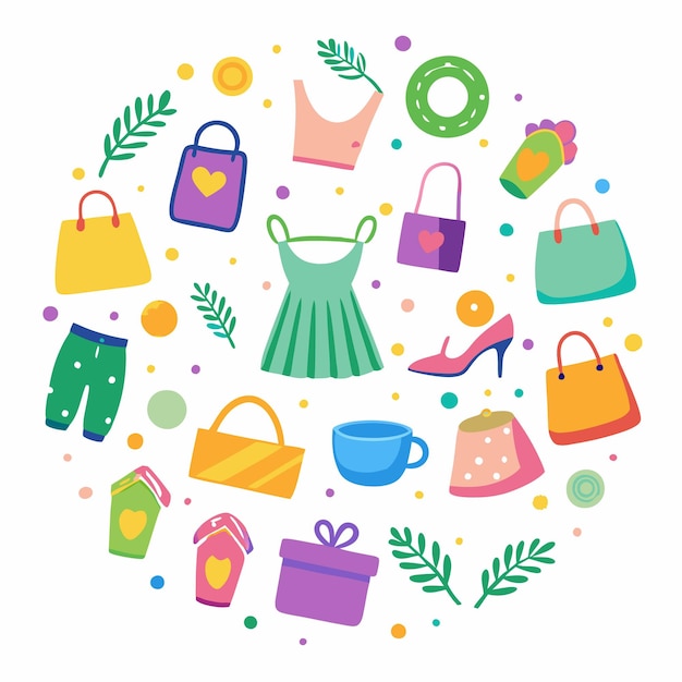 Des articles de shopping et de mode colorés avec des fleurs, des branches et des points sur fond blanc