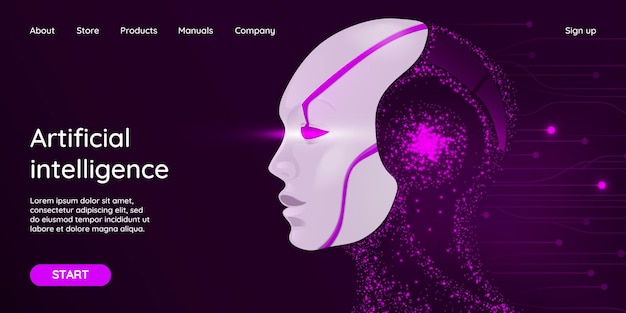 Artificial intelligence landing page background concept or hero banner design with digital face