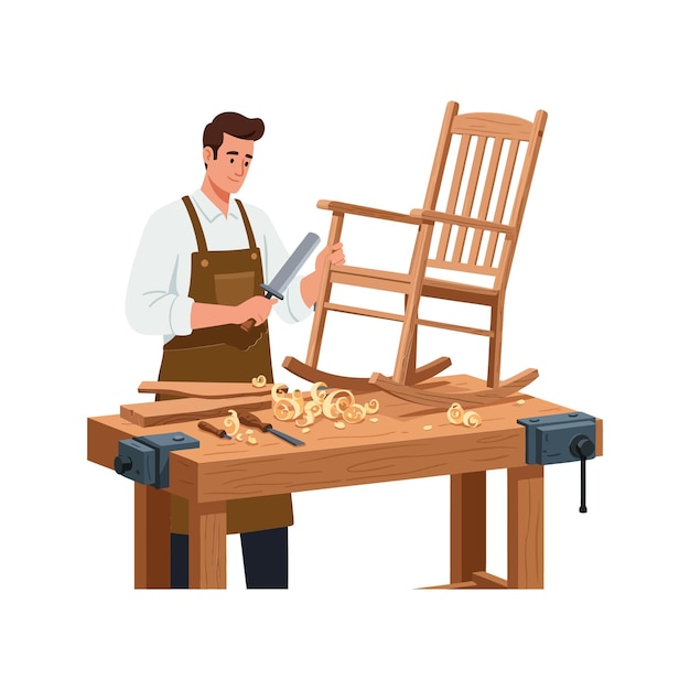 Un artisan façonne une chaise à bascule en bois à une table d'atelier avec des outils