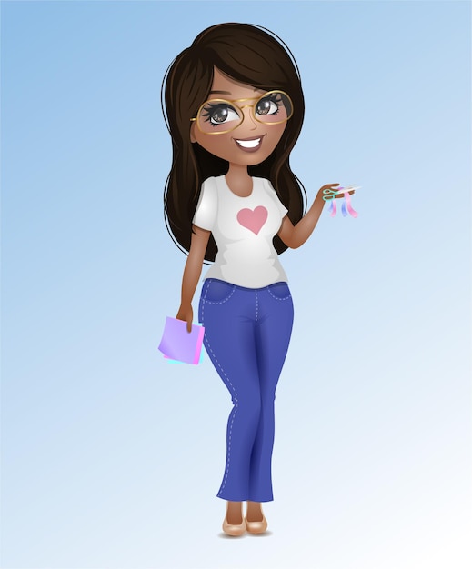 Artisanat personnage fille brune cheveux longs tenant