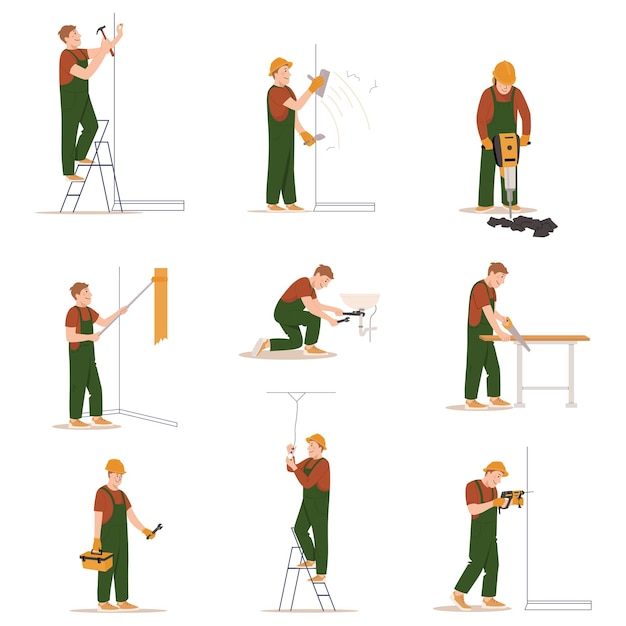 Vecteur artisans et réparateurs à domicile travailleurs de la construction professionnels avec ensemble d'outils illustration vectorielle