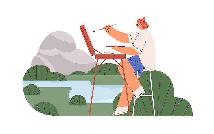 Vecteur artiste dessinant dans la nature, plein air. peintre avec chevalet et peint une image de paysage sur toile à l'extérieur. femme au cours du processus de création. illustration vectorielle plane isolée sur fond blanc.