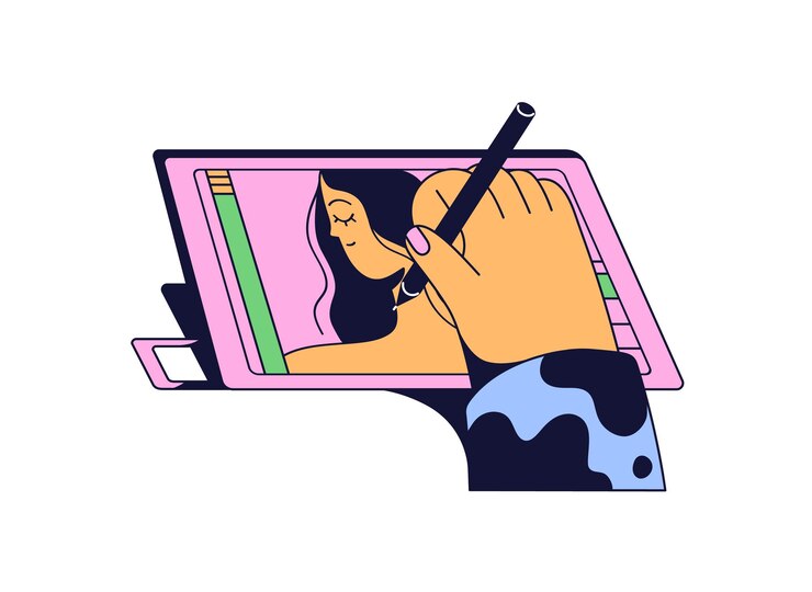 Vecteur artiste numérique dessinant une image avec un stylet sur une tablette graphique illustrateur tient un stylo à la main peinture sur un appareil d'art peintre crée une œuvre d'art sur écran illustration vectorielle isolée plate sur blanc
