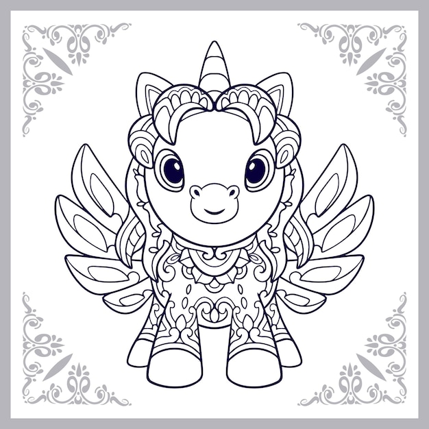 Arts De Mandala Dessin Animé Licorne Mignon Isolés Sur Fond Blanc