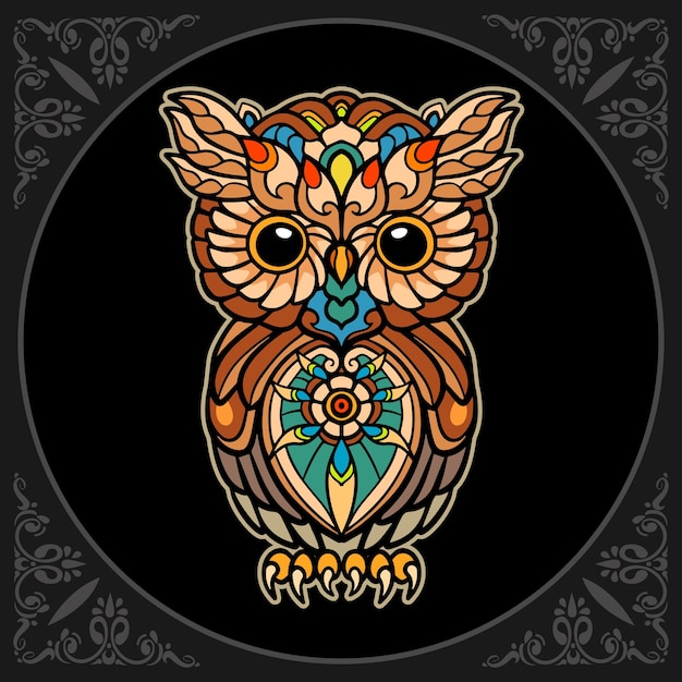 Arts De Mandala Oiseau Hibou Coloré Isolé Sur Fond Noir