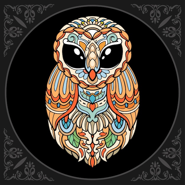 Arts de mandala oiseau hibou coloré isolé sur fond noir