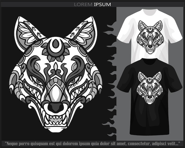 Arts De Mandala De Tête De Kitsune De Couleur Monochrome Isolés Sur Un T-shirt Noir Et Blanc