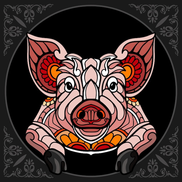 Vecteur arts zentangle cochon coloré isolé sur fond noir