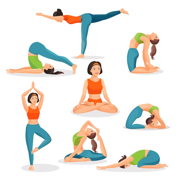 Vecteur asana yoga collection de filles faisant du sport dans des poses orientales et avec une personne de sexe féminin en posture de lotos au centre. affiche utile pour la santé humaine méditant et exerçant des images sur blanc