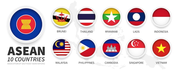 ASEAN Association des nations de l'Asie du Sud-Est et drapeaux d'adhésion Conception de cercle plat simple avec cadre blanc Carte de l'Asie du Sud-Est sur fond