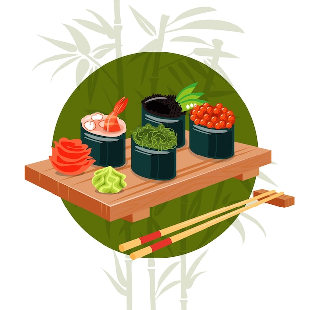 Asianfood Sushi set gucans sur une plaque de bois avec sauce Fond vert avec bambou