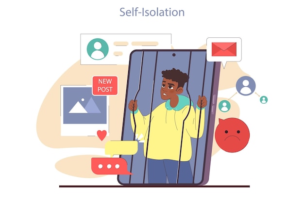 Vecteur aspect négatif et mauvais impact des médias sociaux effet psychologique des réseaux sociaux sur les adolescents solitude numérique et auto-isolement jeune homme piégé dans un smartphone illustration vectorielle plate